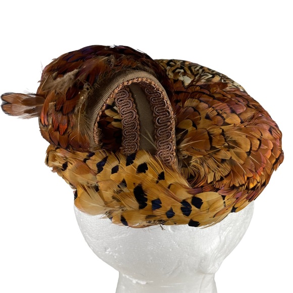 Vintage Pheasant Feather Casque Cap Hat Curly Unique Flapper Style Handmade 40s - Picture 11 of 14
